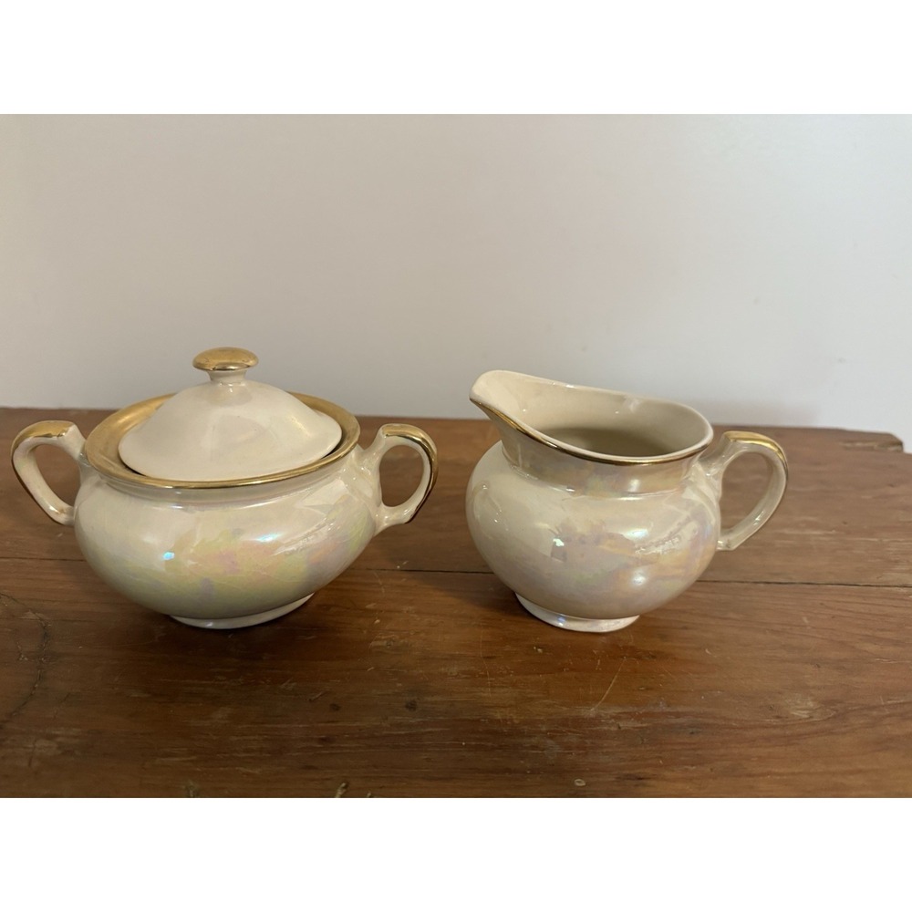 Vintage Colonial Pottery Co. Sebring, OH Creamer‎ & Sugar Iridescent 1800's